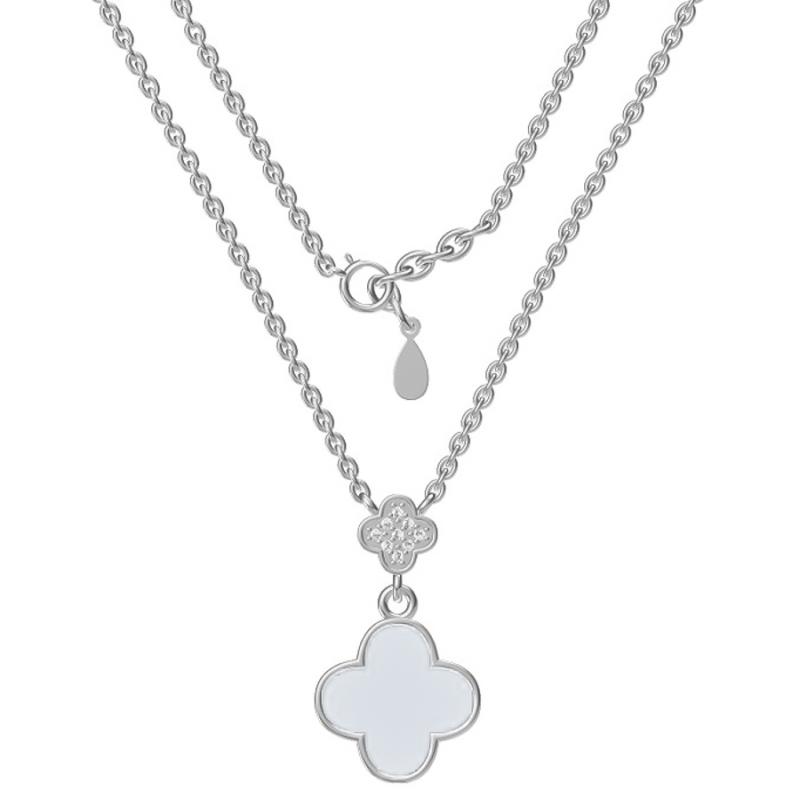 Stříbrný náhrdelník - čtyřlístek, perleť, čiré kulaté zirkony, délka 43 až 46 cm | Argento.cz
