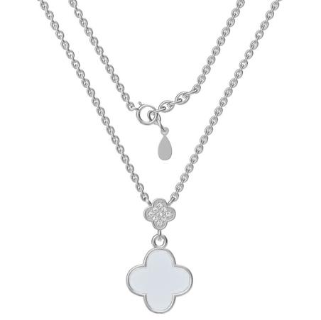 Stříbrný náhrdelník - čtyřlístek, perleť, čiré kulaté zirkony, délka 43 až 46 cm | Argento.cz