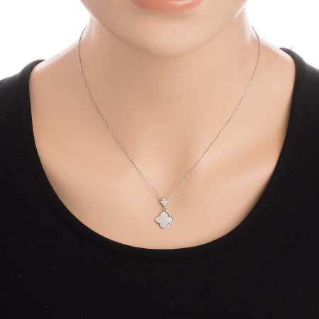 Stříbrný náhrdelník - čtyřlístek, perleť, čiré kulaté zirkony, délka 43 až 46 cm | Argento.cz