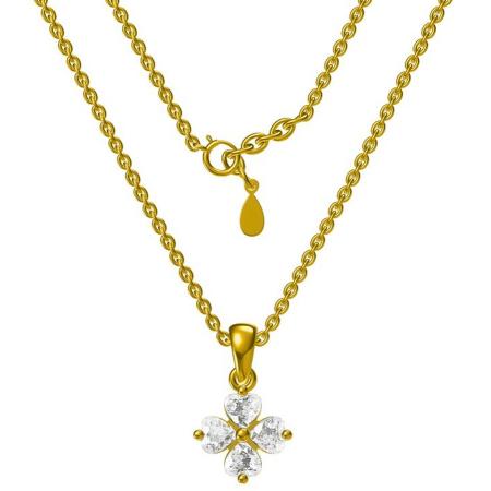 Pozlacený stříbrný náhrdelník - čtyřlístek, čiré zirkony ve tvaru srdíčka, délka 43 až 46 cm | Argento.cz