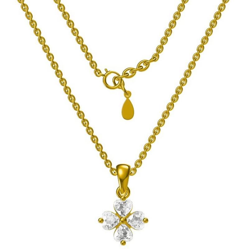 Pozlacený stříbrný náhrdelník - čtyřlístek, čiré zirkony ve tvaru srdíčka, délka 43 až 46 cm | Argento.cz