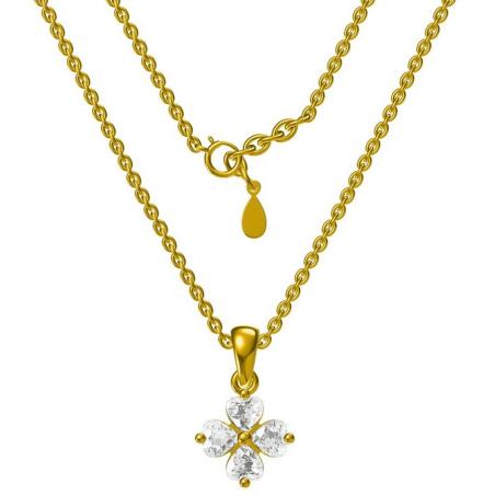Pozlacený stříbrný náhrdelník - čtyřlístek, čiré zirkony ve tvaru srdíčka, délka 43 až 46 cm | Argento.cz