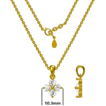 Pozlacený stříbrný náhrdelník - čtyřlístek, čiré zirkony ve tvaru srdíčka, délka 43 až 46 cm | Argento.cz