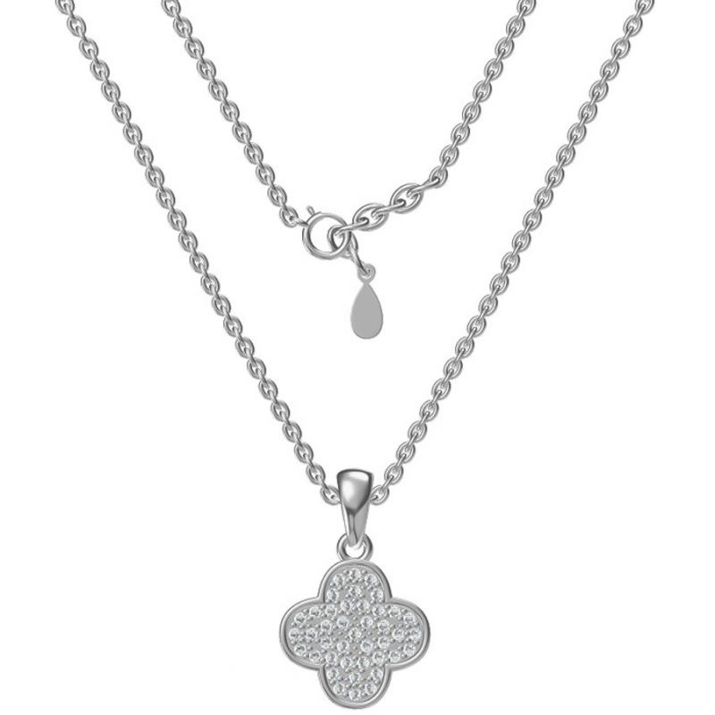 Stříbrný náhrdelník - čtyřlístek, čiré kulaté zirkony, délka 43 až 46 cm | Argento.cz