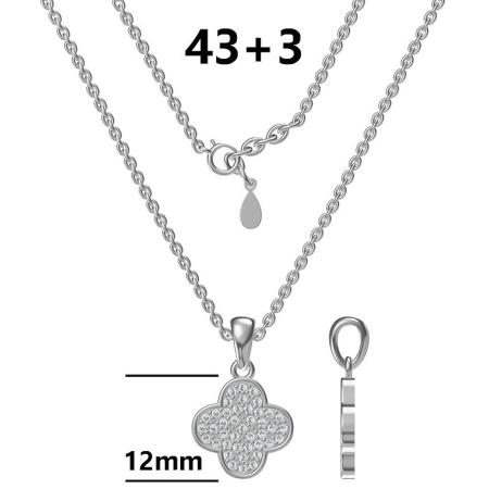 Stříbrný náhrdelník - čtyřlístek, čiré kulaté zirkony, délka 43 až 46 cm | Argento.cz