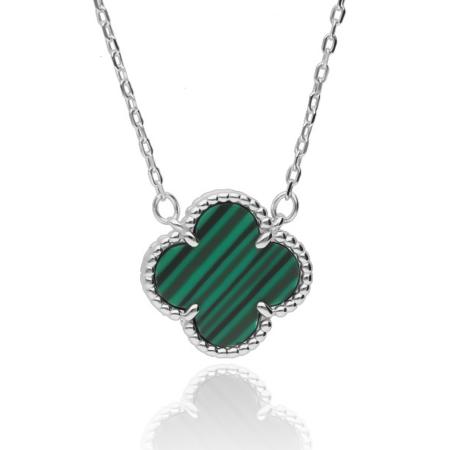 Stříbrný náhrdelník - čtyřlístek, syntetický kámen zelený malachit, délka 43 až 46 cm | Argento.cz