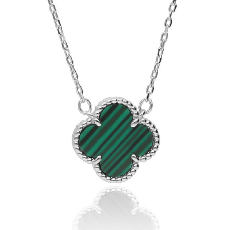 Stříbrný náhrdelník - čtyřlístek, syntetický kámen zelený malachit, délka 43 až 46 cm | Argento.cz