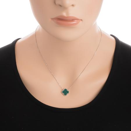 Stříbrný náhrdelník - čtyřlístek, syntetický kámen zelený malachit, délka 43 až 46 cm | Argento.cz