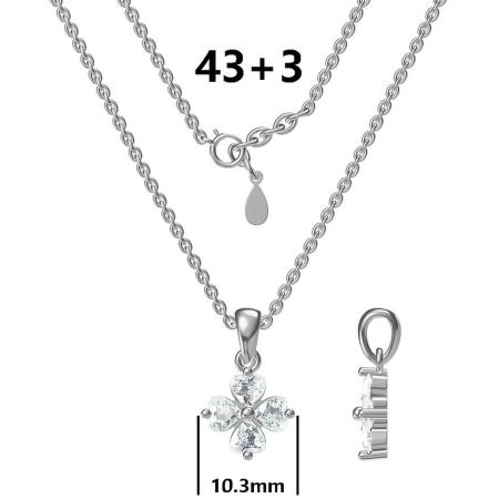 Stříbrný náhrdelník - čtyřlístek, čiré zirkony ve tvaru srdíčka, délka 43 až 46 cm | Argento.cz