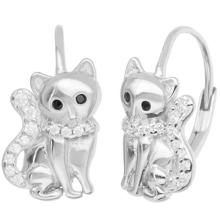 Stříbrné náušnice - kočka, černé kulaté zirkony, čiré kulaté zirkony | Argento.cz