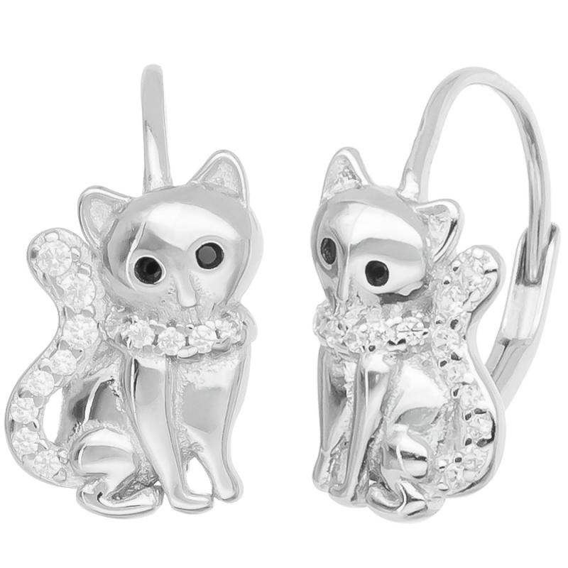 Stříbrné náušnice - kočka, černé kulaté zirkony, čiré kulaté zirkony | Argento.cz