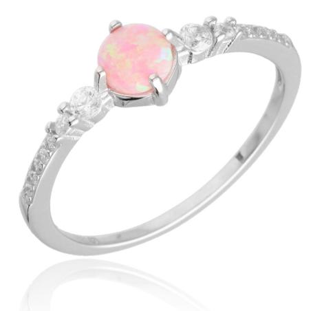 Stříbrný prsten - kulatý syntetický opál, čiré kulaté zirkony | Argento.cz
