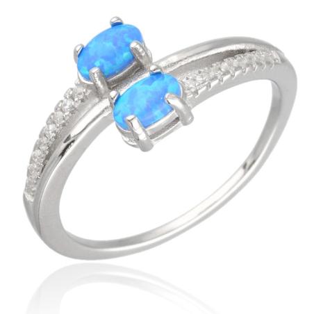 Stříbrný prsten - modré oválné syntetické opály, čiré kulaté zirkony | Argento.cz