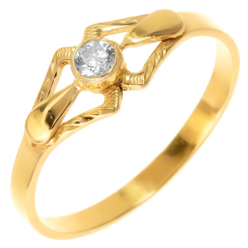 Pozlacený stříbrný prsten - s ručním gravírem, čirý kulatý zirkon | Argento.cz