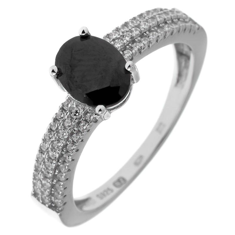 Stříbrný prsten - černý oválný zirkon, čiré kulaté zirkony | Argento.cz