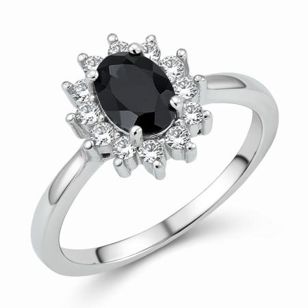 Stříbrný prsten - černý oválný zirkon, čiré kulaté zirkony | Argento.cz