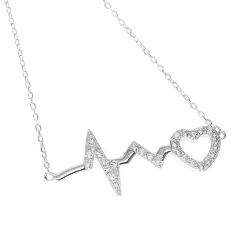 Stříbrný náhrdelník - srdíčko, EKG, čiré kulaté zirkony, délka 43 až 46 cm | Argento.cz