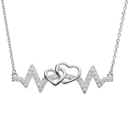Stříbrný náhrdelník - srdíčko, EKG, čiré kulaté zirkony, délka 43 až 46 cm | Argento.cz