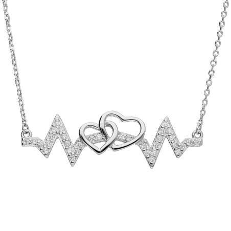 Stříbrný náhrdelník - srdíčko, EKG, čiré kulaté zirkony, délka 43 až 46 cm | Argento.cz