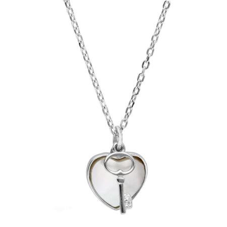 Stříbrný náhrdelník - srdíčko, klíč, perleť, délka 43 až 46 cm | Argento.cz