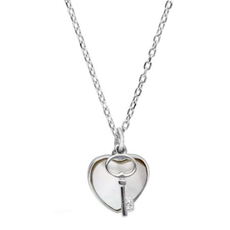 Stříbrný náhrdelník - srdíčko, klíč, perleť, délka 43 až 46 cm | Argento.cz