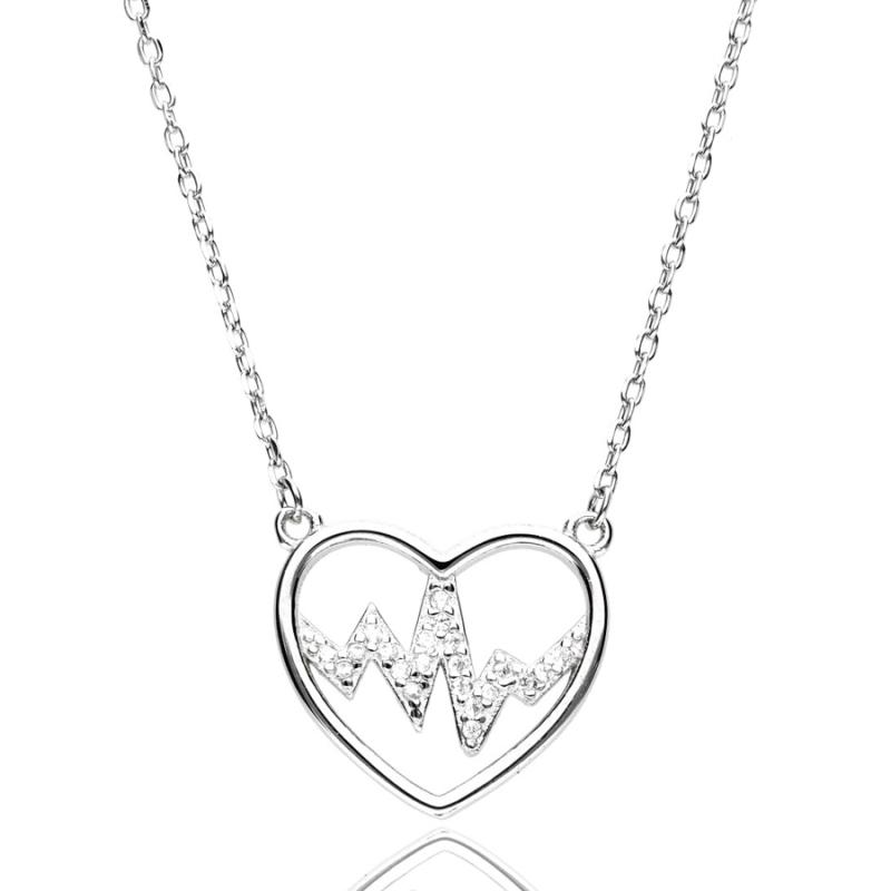 Stříbrný náhrdelník - srdíčko, EKG, čiré kulaté zirkony, délka 43 až 46 cm | Argento.cz