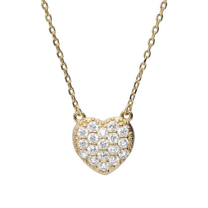Pozlacený stříbrný náhrdelník - srdíčko, čiré kulaté zirkony, délka 43 až 46 cm | Argento.cz