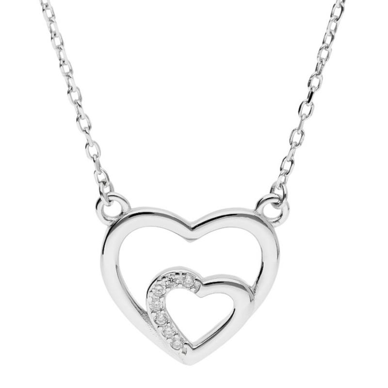 Stříbrný náhrdelník - srdíčko, čiré kulaté zirkony, délka 43 až 46 cm | Argento.cz