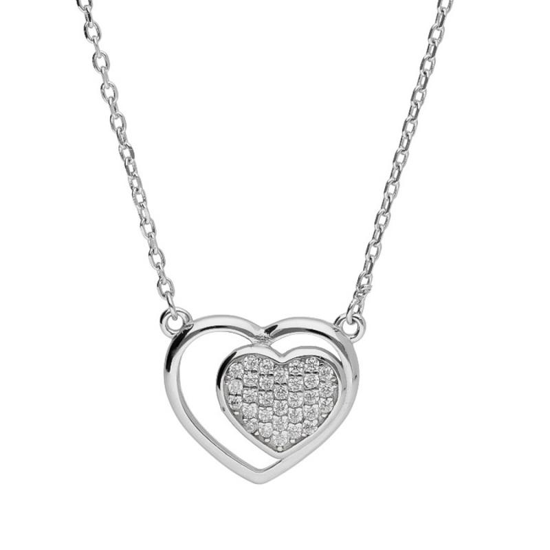 Stříbrný náhrdelník - srdíčko, čiré kulaté zirkony, délka 43 až 46 cm | Argento.cz