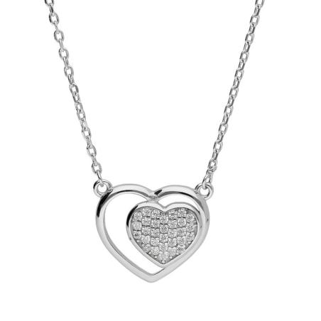 Stříbrný náhrdelník - srdíčko, čiré kulaté zirkony, délka 43 až 46 cm | Argento.cz