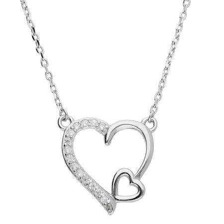 Stříbrný náhrdelník - srdíčko, čiré kulaté zirkony, délka 43 až 46 cm | Argento.cz