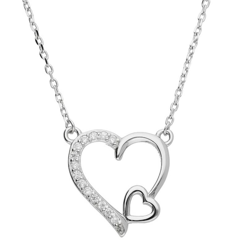 Stříbrný náhrdelník - srdíčko, čiré kulaté zirkony, délka 43 až 46 cm | Argento.cz