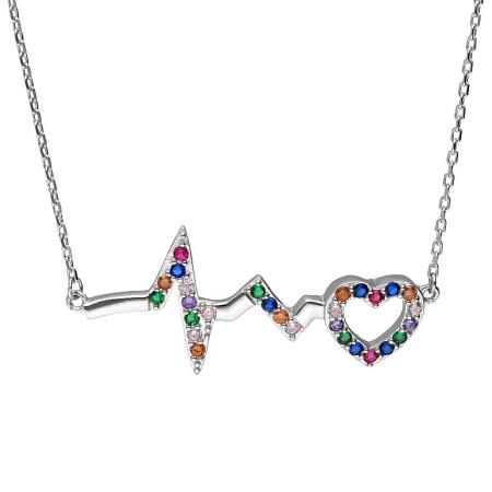Stříbrný náhrdelník - srdíčko, EKG, barevné kulaté zirkony, délka 43 až 47 cm | Argento.cz