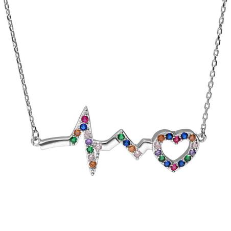 Stříbrný náhrdelník - srdíčko, EKG, barevné kulaté zirkony, délka 43 až 47 cm | Argento.cz