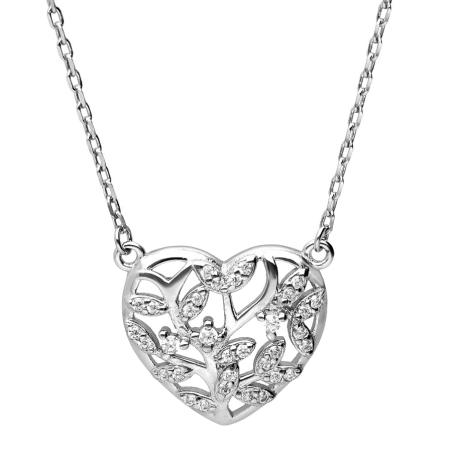 Stříbrný náhrdelník - strom života, srdíčko, čiré kulaté zirkony, délka 43 až 46 cm | Argento.cz