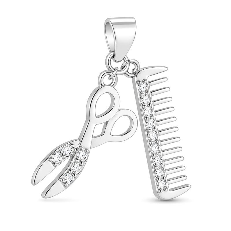 Stříbrný přívěsek - nůžky, hřeben, čiré kulaté zirkony | Argento.cz
