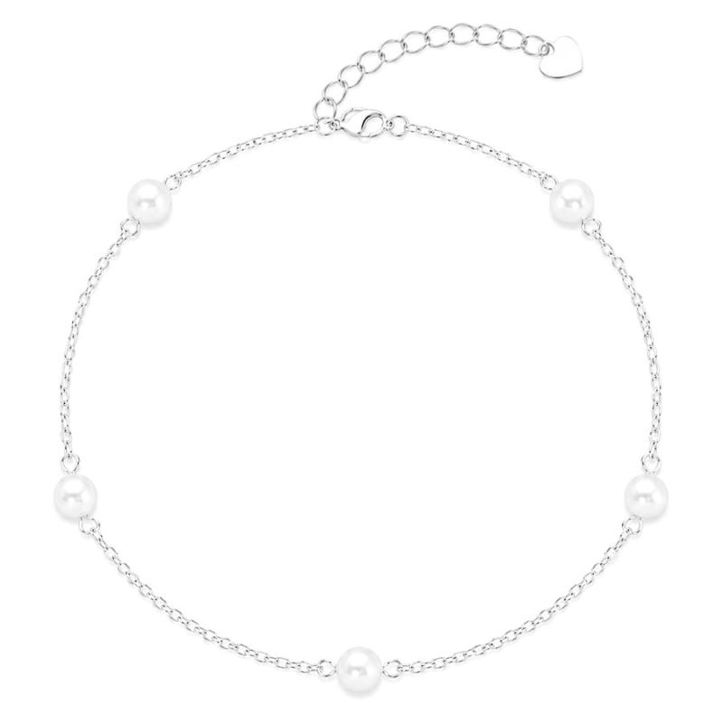 Stříbrný náramek na nohu - bílé syntetické perly ve tvaru kuličky, délka 22 až 26 cm | Argento.cz
