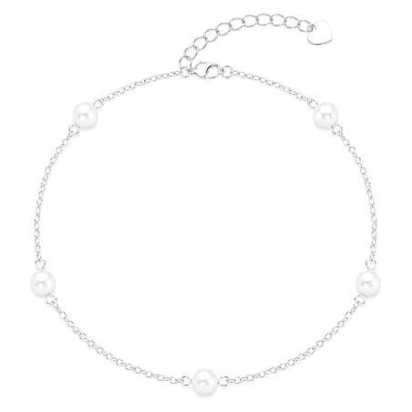 Stříbrný náramek na nohu - bílé syntetické perly ve tvaru kuličky, délka 22 až 26 cm | Argento.cz