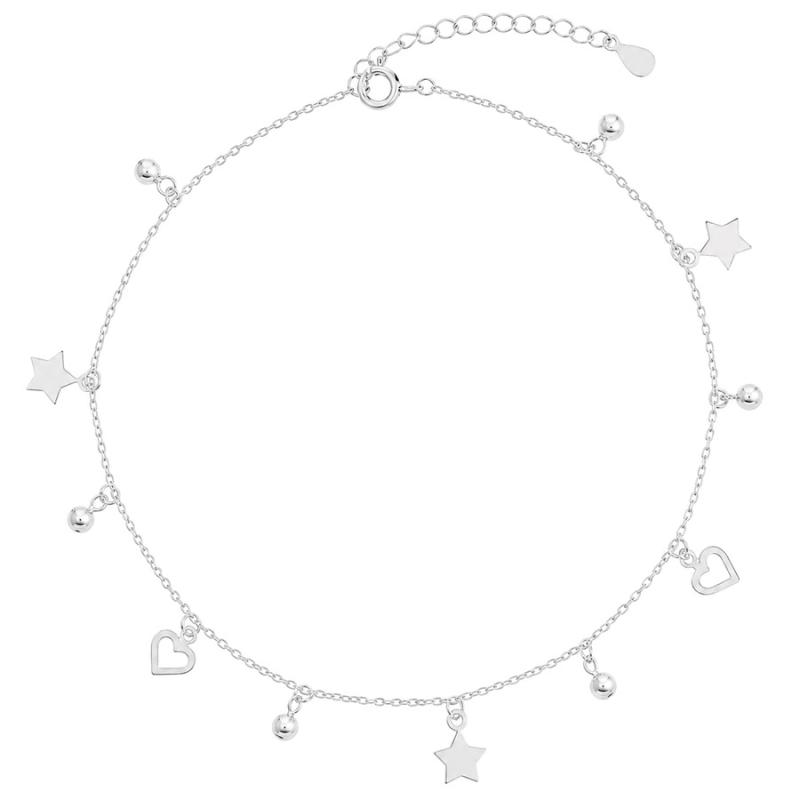 Stříbrný náramek na nohu - srdíčka, kulky, hvězdičky, délka 22 až 26 cm | Argento.cz