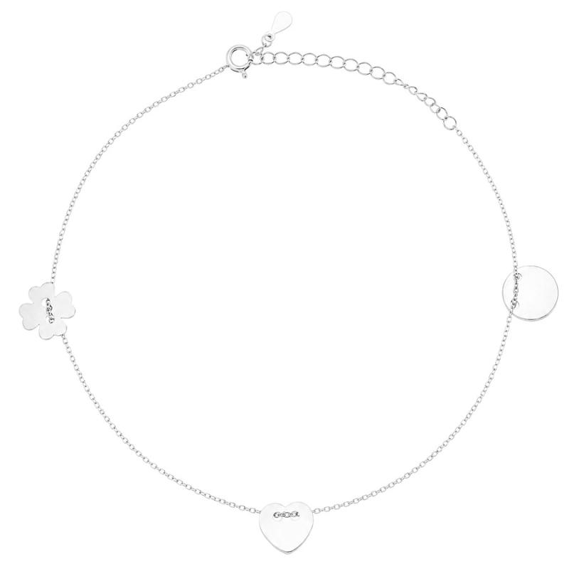 Stříbrný náramek na nohu - čtyřlístek, srdíčko, kruh, délka 22 až 26 cm | Argento.cz