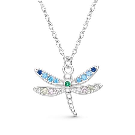 Stříbrný náhrdelník - vážka, barevné kulaté zirkony, délka 43 až 46 cm | Argento.cz