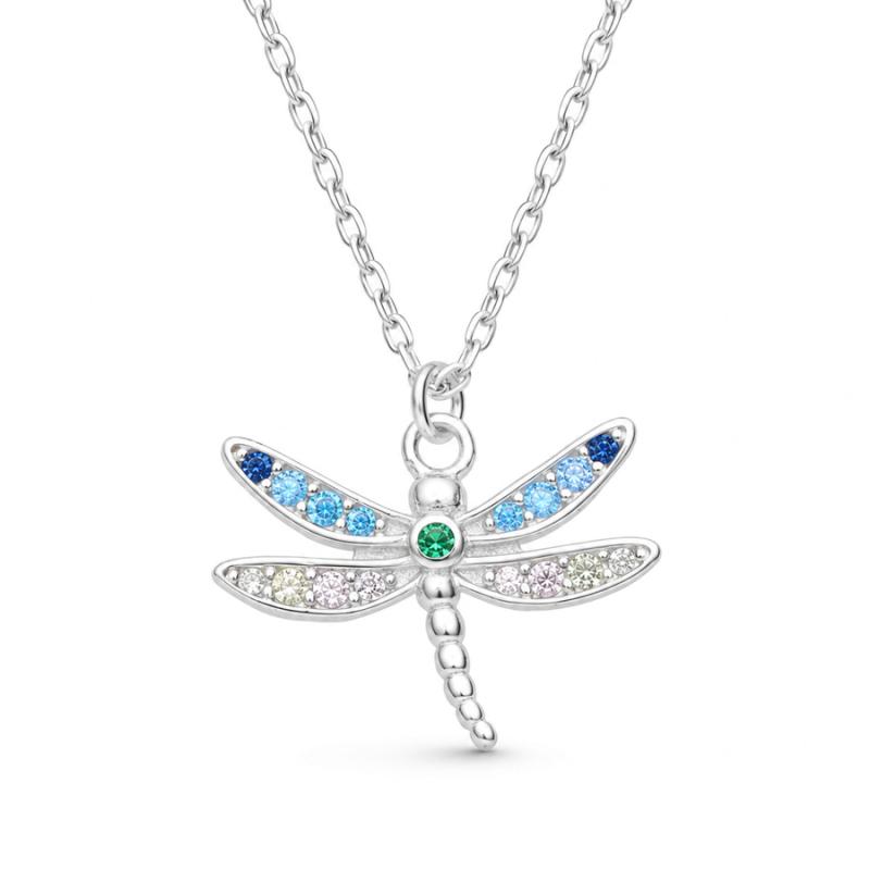 Stříbrný náhrdelník - vážka, barevné kulaté zirkony, délka 43 až 46 cm | Argento.cz