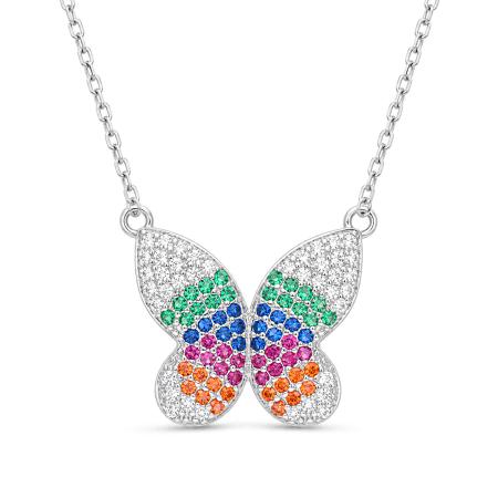 Stříbrný náhrdelník - motýl, barevné kulaté zirkony, délka 43 až 46 cm | Argento.cz