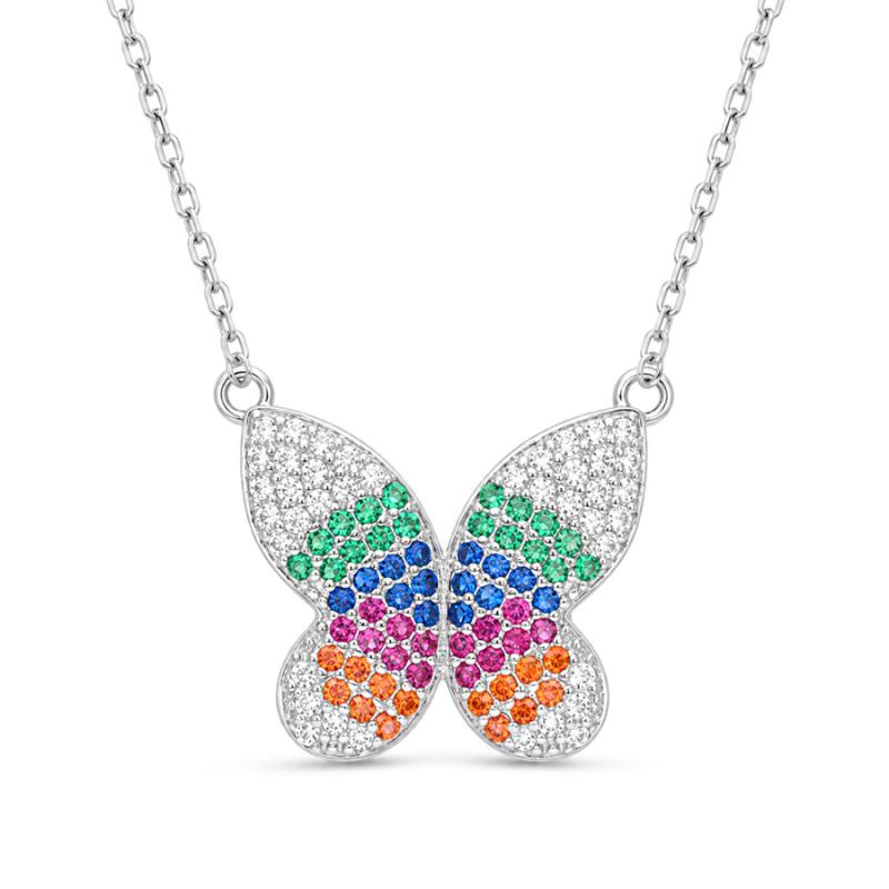 Stříbrný náhrdelník - motýl, barevné kulaté zirkony, délka 43 až 46 cm | Argento.cz