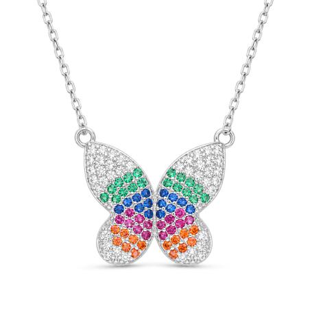 Stříbrný náhrdelník - motýl, barevné kulaté zirkony, délka 43 až 46 cm | Argento.cz