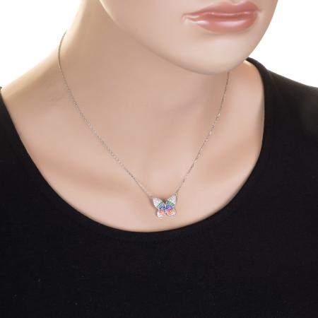 Stříbrný náhrdelník - motýl, barevné kulaté zirkony, délka 43 až 46 cm | Argento.cz
