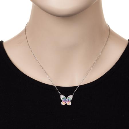 Stříbrný náhrdelník - motýl, barevné kulaté zirkony, délka 43 až 46 cm | Argento.cz