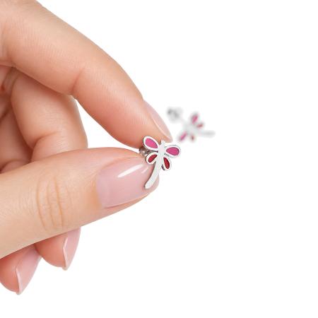 Stříbrné náušnice - vážka, červená glazura, růžová glazura | Argento.cz