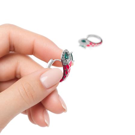 Stříbrné náušnice kruhy - had, růžová glazura, zelené zirkony, čiré zirkony | Argento.cz