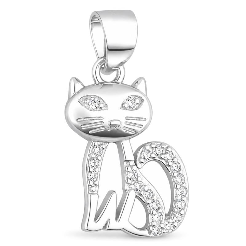 Stříbrný přívěsek - kočka, čiré kulaté zirkony | Argento.cz